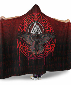 Viking Hooded Blanket, Valhalla Norse Mythology Raven Black Crow Viking, Red Version Hooded Blanket