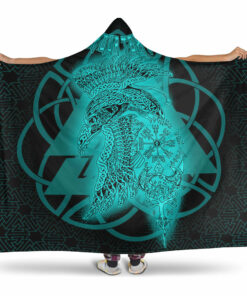 Viking Hooded Blanket, Valknut Raven Turquoise Viking Homeset Hooded Blanket