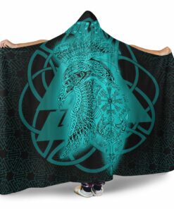 Viking Hooded Blanket, Valknut Raven Turquoise Viking Homeset Hooded Blanket