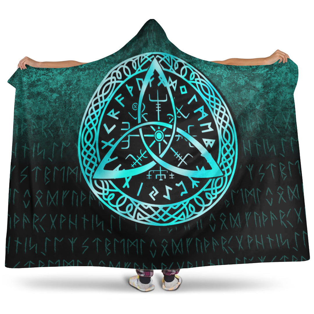 Viking Hooded Blanket, Vegvisir Nordic Viking Rune, Cyan VersionHooded Blanket