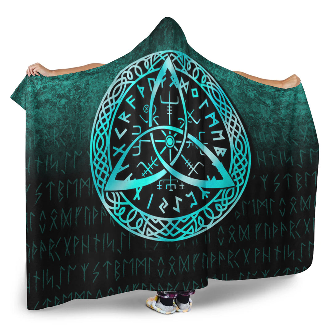 Viking Hooded Blanket, Vegvisir Nordic Viking Rune, Cyan VersionHooded Blanket