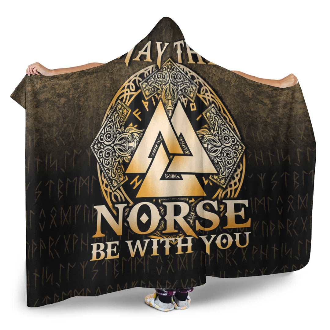 Viking Hooded Blanket, Vegvisir Nordic Viking Rune Gold Version Hooded Blanket