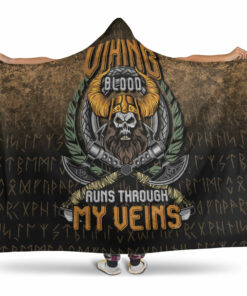 Viking Hooded Blanket, Viking Blood Run Through My Veins Hooded Blanket Gifts Fleece Sherpa Blanket