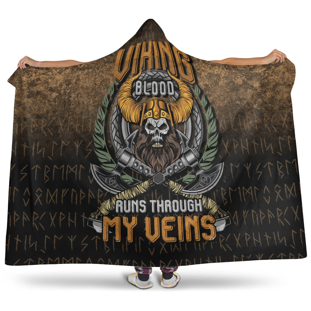Viking Hooded Blanket, Viking Blood Run Through My Veins Hooded Blanket Gifts Fleece Sherpa Blanket