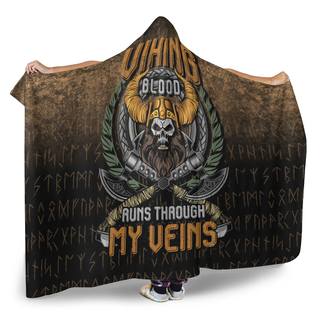 Viking Hooded Blanket, Viking Blood Run Through My Veins Hooded Blanket Gifts Fleece Sherpa Blanket