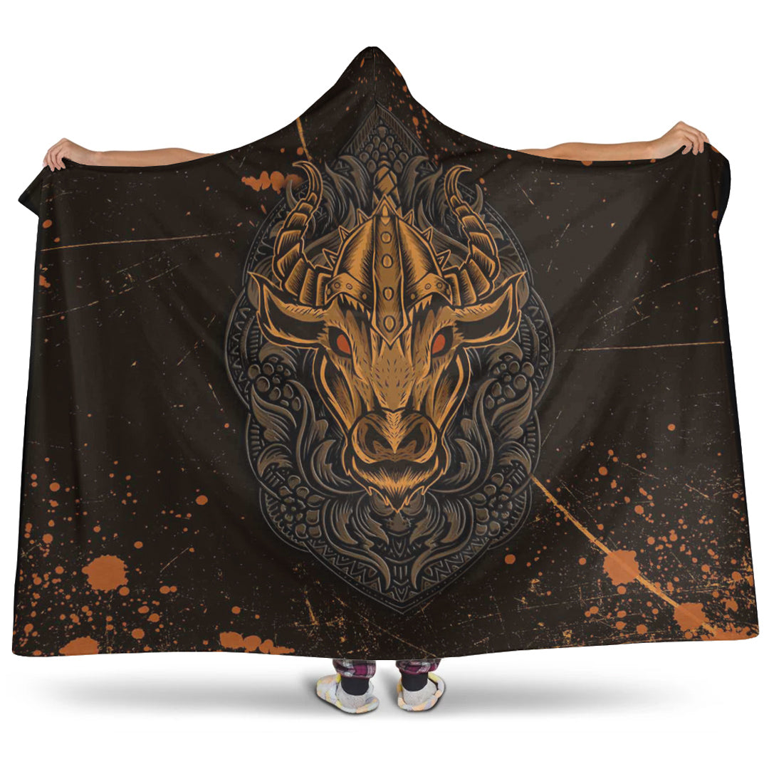 Viking Hooded Blanket, Viking Bull Head Brush Pattern Hooded Blanket