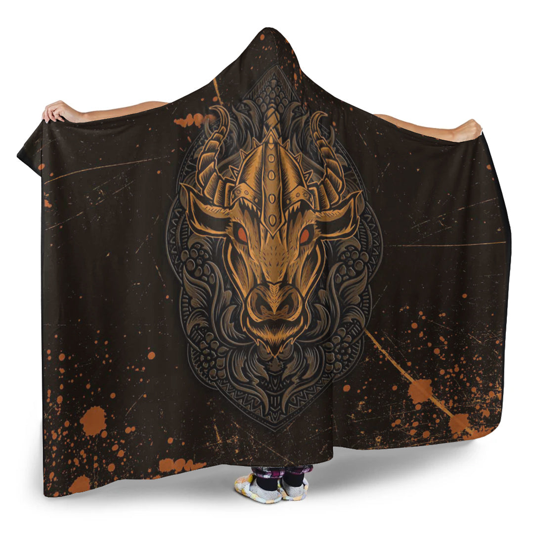 Viking Hooded Blanket, Viking Bull Head Brush Pattern Hooded Blanket