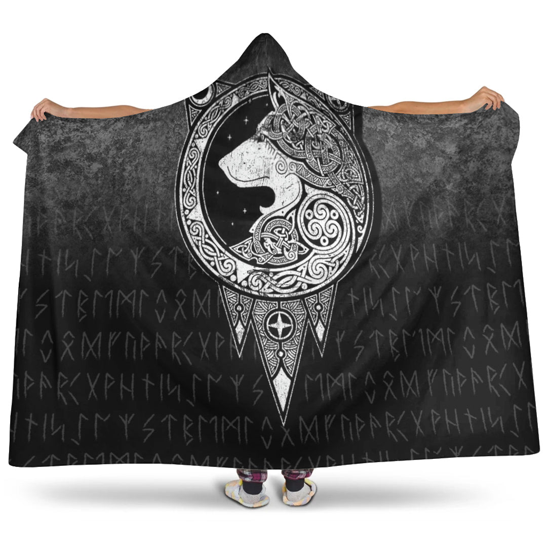 Viking Hooded Blanket, Viking Norse Wolf Hooded Blanket Bluefink