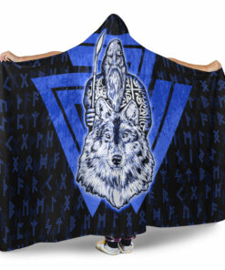 Viking Hooded Blanket, Viking Odin Wolf Blue Hooded Blanket