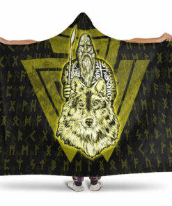 Viking Hooded Blanket, Viking Odin Wolf GoldHooded Blanket