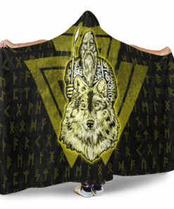 Viking Hooded Blanket, Viking Odin Wolf GoldHooded Blanket