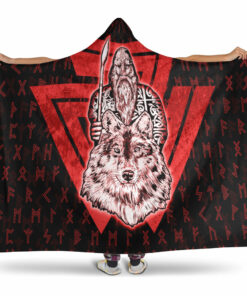 Viking Hooded Blanket, Viking Odin Wolf Red Hooded Blanket