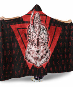Viking Hooded Blanket, Viking Odin Wolf Red Hooded Blanket