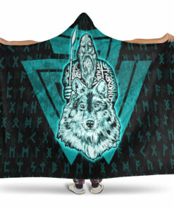 Viking Hooded Blanket, Viking Odin Wolf Turquoise Hooded Blanket