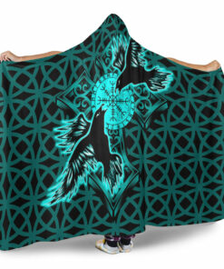 Viking Hooded Blanket, Viking Raven Cross Turquoise Hooded Blanket