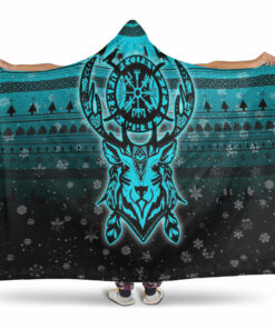 Viking Hooded Blanket, Viking Reindeer Vegvisir Cyan Hooded Blanket