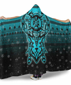Viking Hooded Blanket, Viking Reindeer Vegvisir Cyan Hooded Blanket
