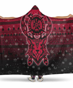 Viking Hooded Blanket, Viking Reindeer Vegvisir Red Hooded Blanket