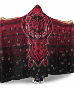 Viking Hooded Blanket, Viking Reindeer Vegvisir Red Hooded Blanket