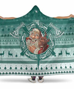 Viking Hooded Blanket, Viking Santa and Reindeer Christmas Pattern Hooded Blanket