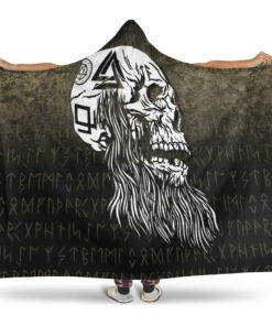 Viking Hooded Blanket, Viking Skull with tattoos and long beard Hooded Blanket