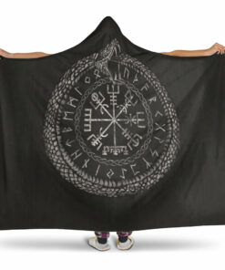 Viking Hooded Blanket, Viking Vegvisir with Ouroboros and Runes Hooded Blanket