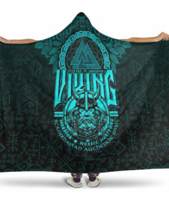 Viking Hooded Blanket, Viking Warriors Valknut Cyan Hooded Blanket