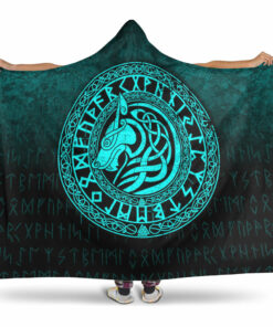 Viking Hooded Blanket, Viking Wolf Cyan Version Hooded Blanket