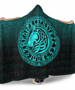 Viking Hooded Blanket, Viking Wolf Cyan Version Hooded Blanket