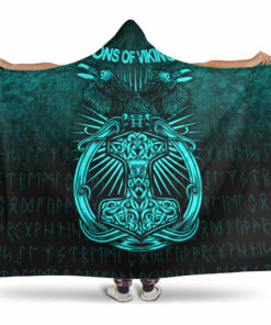 Viking Hooded Blanket, Vikings Ravens Mjolnir Cyan Version Hooded Blanket
