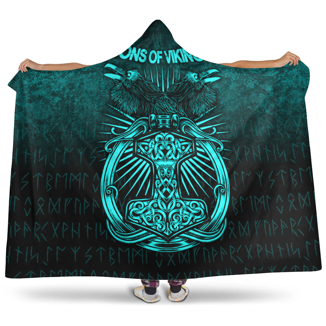 Viking Hooded Blanket, Vikings Ravens Mjolnir Cyan Version Hooded Blanket