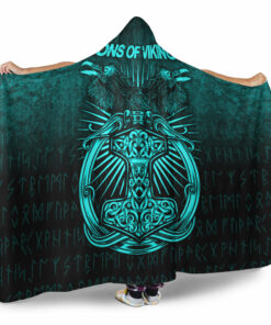 Viking Hooded Blanket, Vikings Ravens Mjolnir Cyan Version Hooded Blanket
