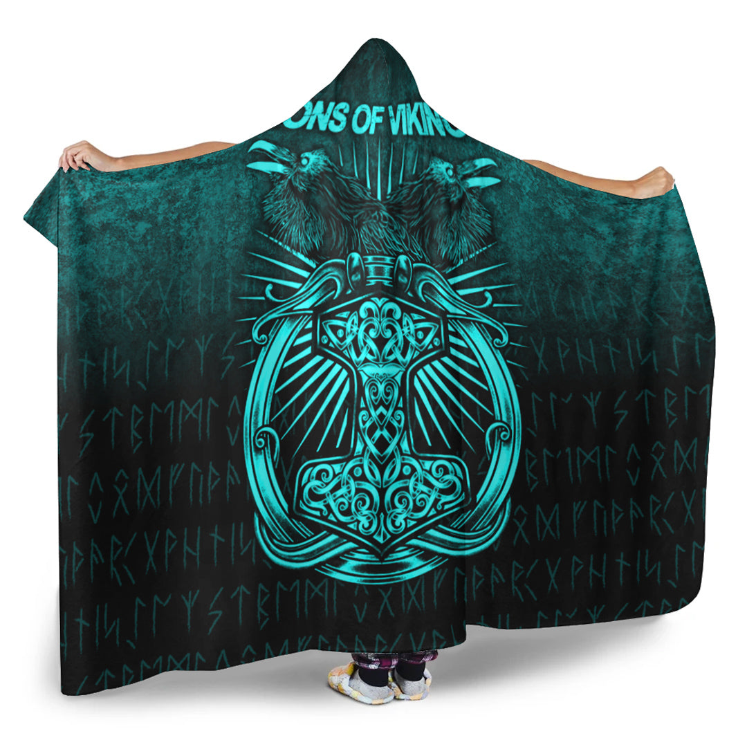 Viking Hooded Blanket, Vikings Ravens Mjolnir Cyan Version Hooded Blanket