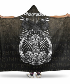 Viking Hooded Blanket, Vikings Ravens Mjolnir Hooded Blanket