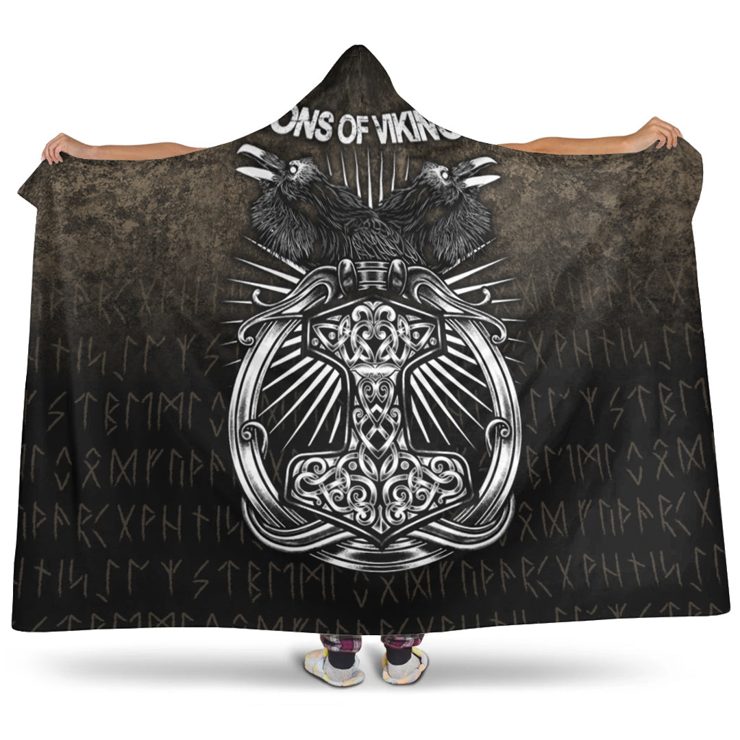 Viking Hooded Blanket, Vikings Ravens Mjolnir Hooded Blanket