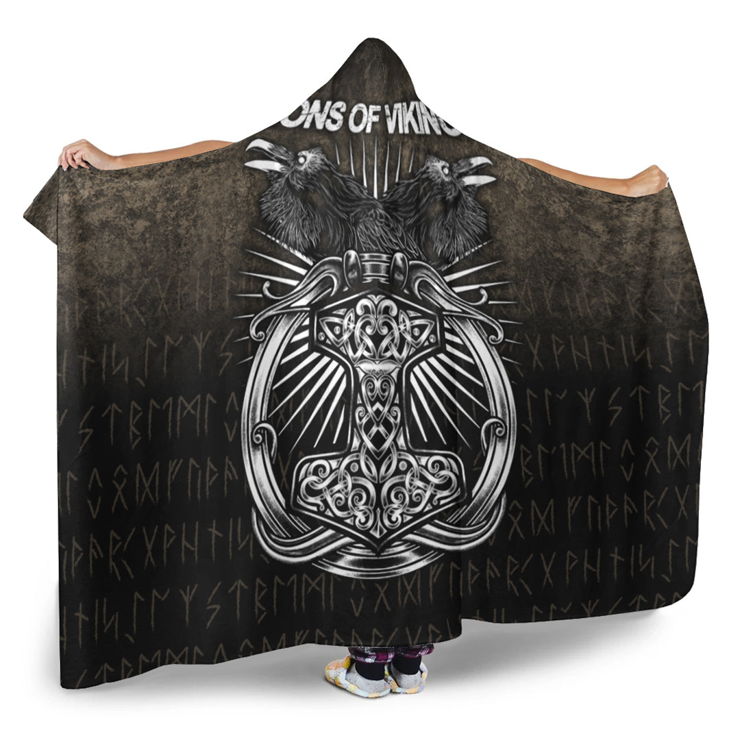 Viking Hooded Blanket, Vikings Ravens Mjolnir Hooded Blanket