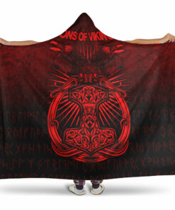 Viking Hooded Blanket, Vikings Ravens Mjolnir Red Version Hooded Blanket