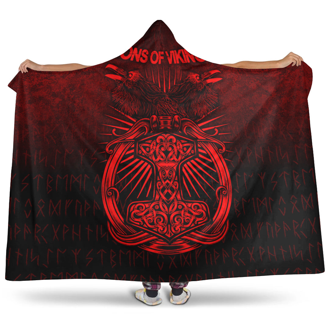 Viking Hooded Blanket, Vikings Ravens Mjolnir Red Version Hooded