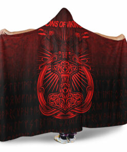 Viking Hooded Blanket, Vikings Ravens Mjolnir Red Version Hooded Blanket