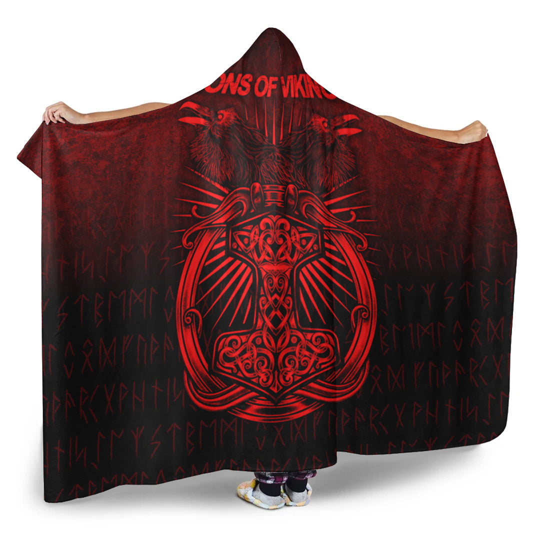 Viking Hooded Blanket, Vikings Ravens Mjolnir Red Version Hooded