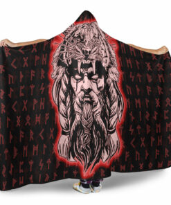 Viking Hooded Blanket, Wolf Odin Viking Set Red Hooded Blanket