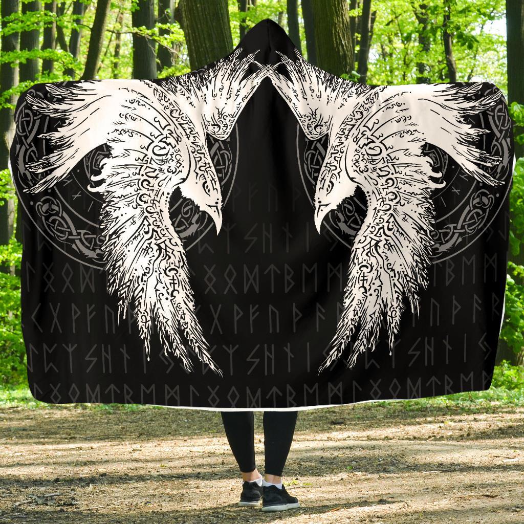Viking Odin Sword Raven Print Hooded Blanket