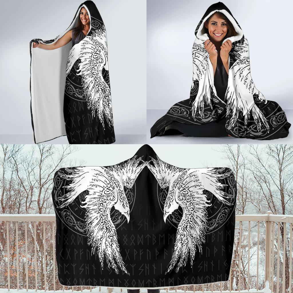 Raven Viking Odin Sword Print Hooded Blanket