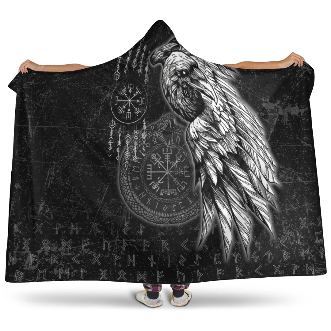 Viking Raven and Ourobos and Runes Hooded Blanket