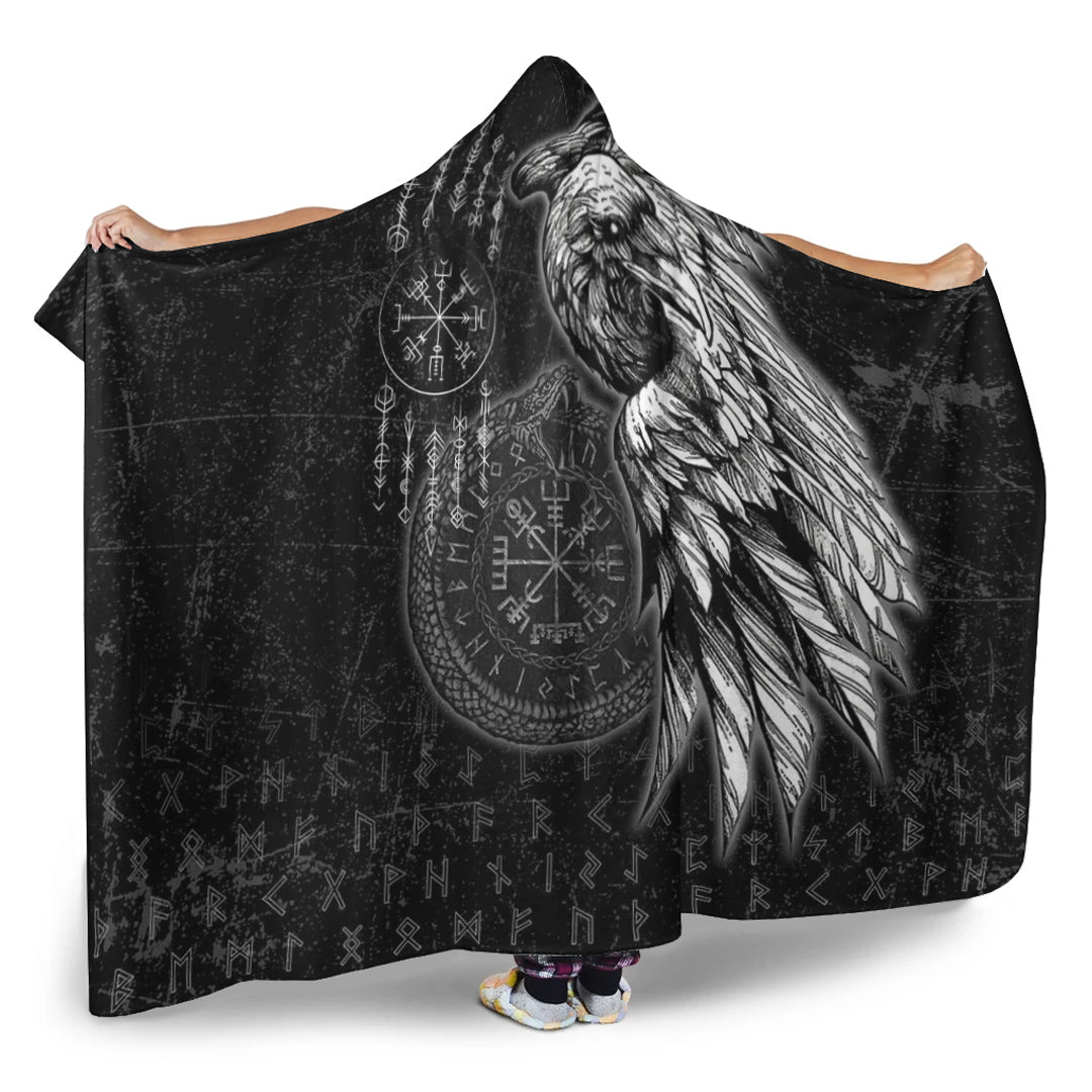 Viking Raven and Ourobos and Runes Hooded Blanket