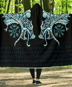 Viking Style Economy Hooded Blanket, Fenrir Raven And Vegvisir Tattoo Cyan