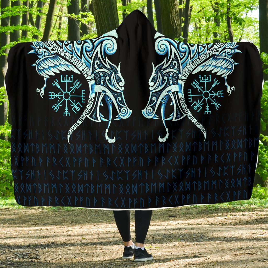 Viking Style Economy Hooded Blanket, Fenrir Raven And Vegvisir Tattoo Cyan