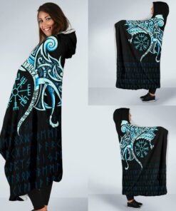 Viking Style Economy Hooded Blanket, Fenrir Raven And Vegvisir Tattoo Cyan