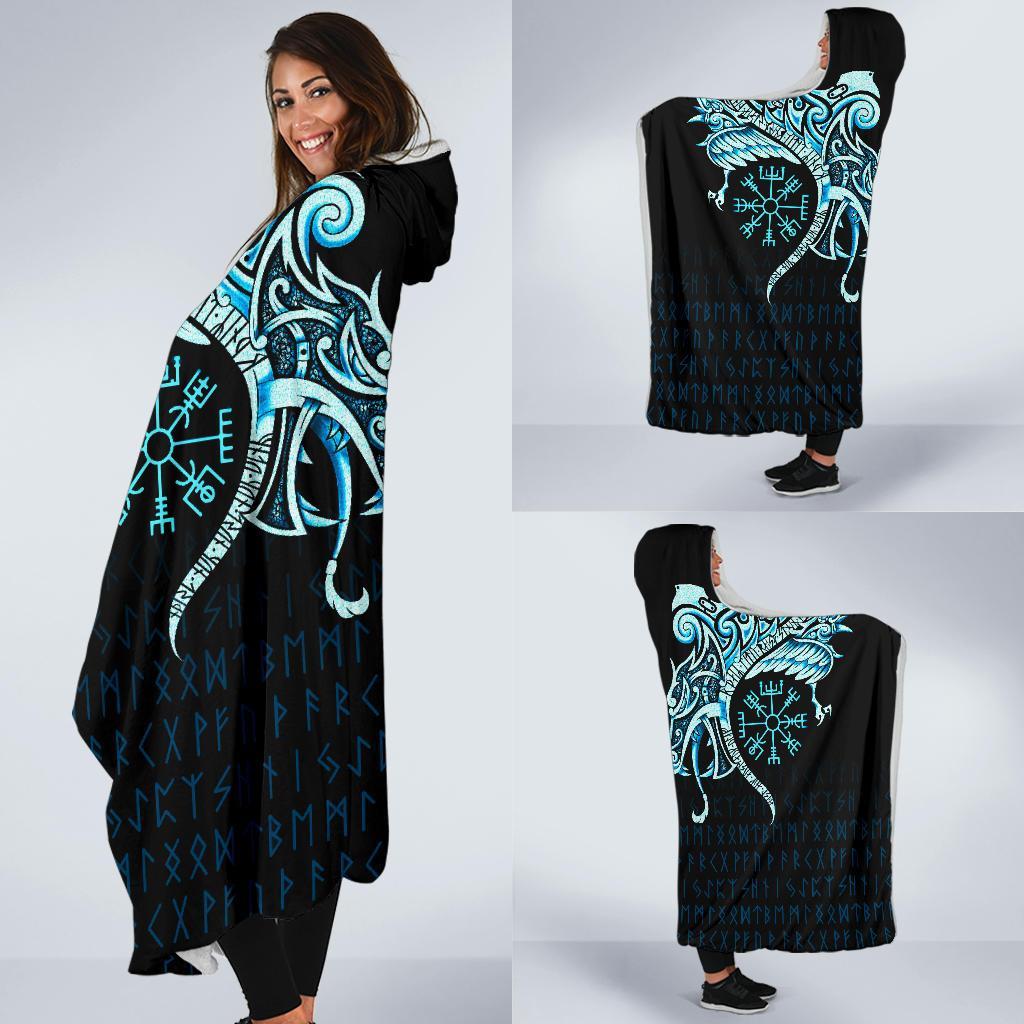 Viking Style Economy Hooded Blanket, Fenrir Raven And Vegvisir Tattoo Cyan
