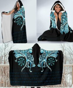 Viking Style Economy Hooded Blanket, Fenrir Raven And Vegvisir Tattoo Cyan